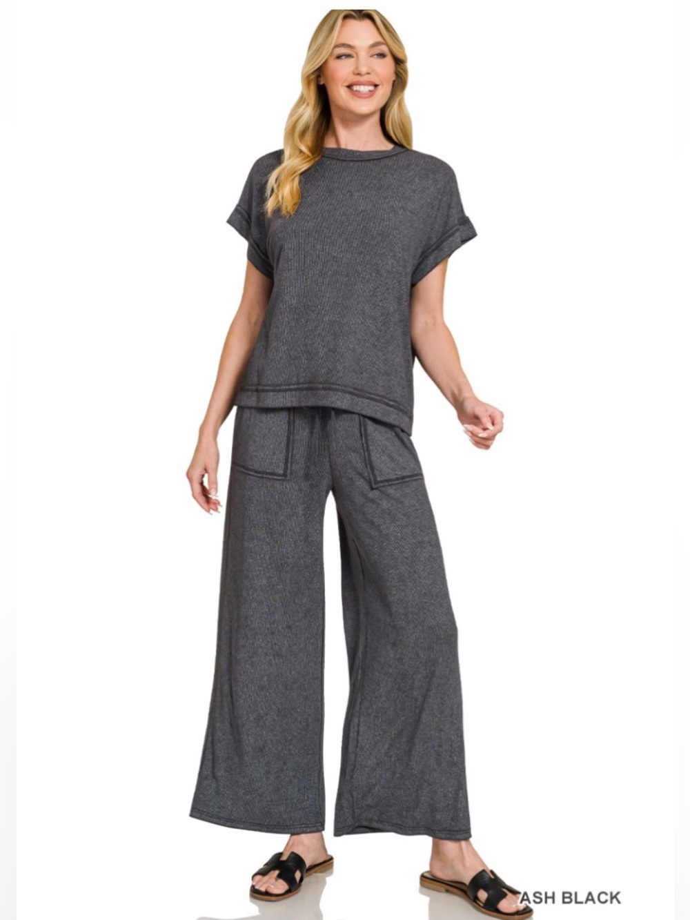 397 ❤️ ZENANA ash black RIBBED ACID WASH RAYON
TOP & PANTS SET